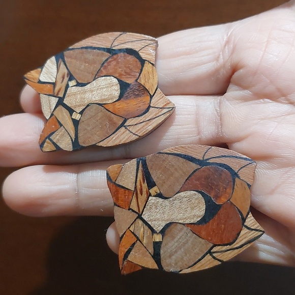 Artisan Jewelry - Karla Jordan Wood Mosaic Inlay Lion Head  Pierce Statement Earrings